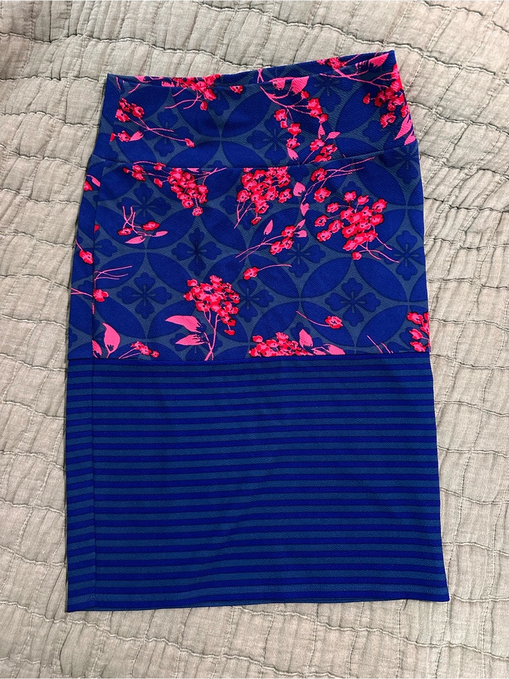 LuLaRoe Blue Floral & Stripe Pencil Skirt with Pink Accents